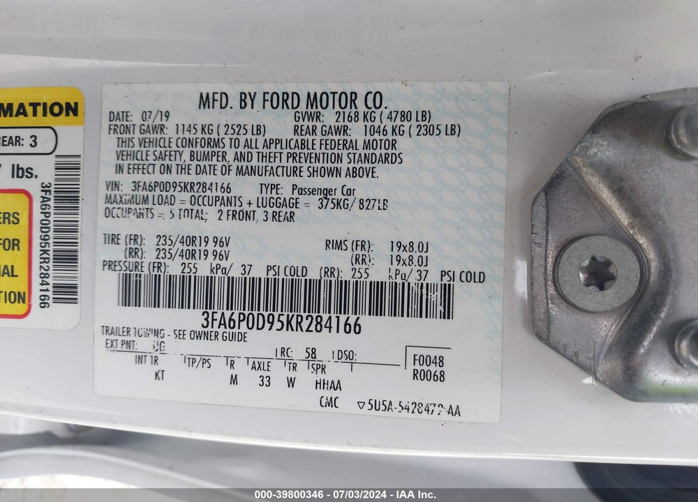 2019 FORD FUSION VIN: 3FA6P0D95KR284166