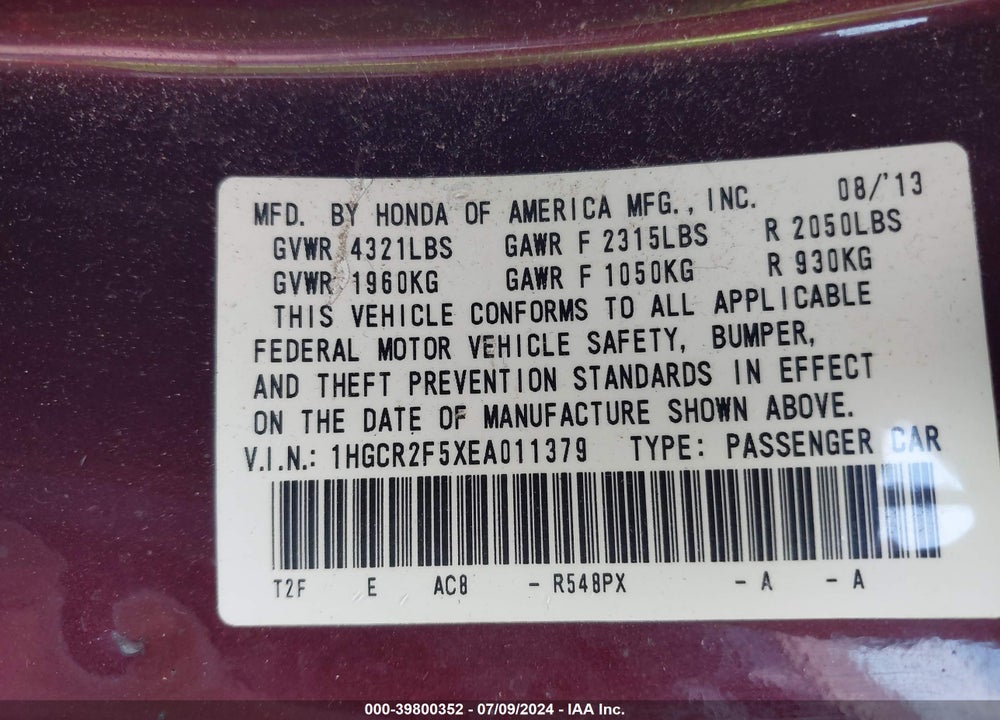 2014 HONDA ACCORD SPORT VIN: 1HGCR2F5XEA011379