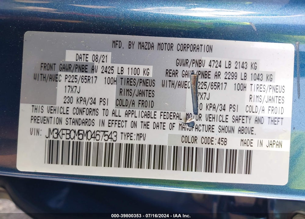 2021 MAZDA CX-5 VIN: JM3KFBCM5M0467543