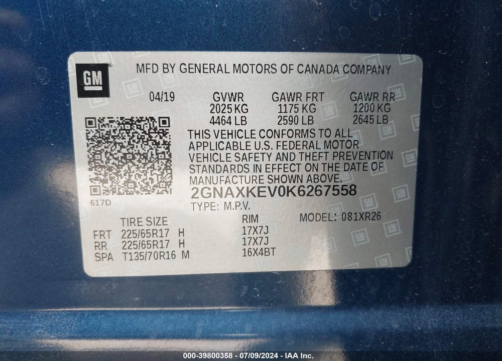 2019 CHEVROLET EQUINOX LT VIN: 2GNAXKEV0K6267558