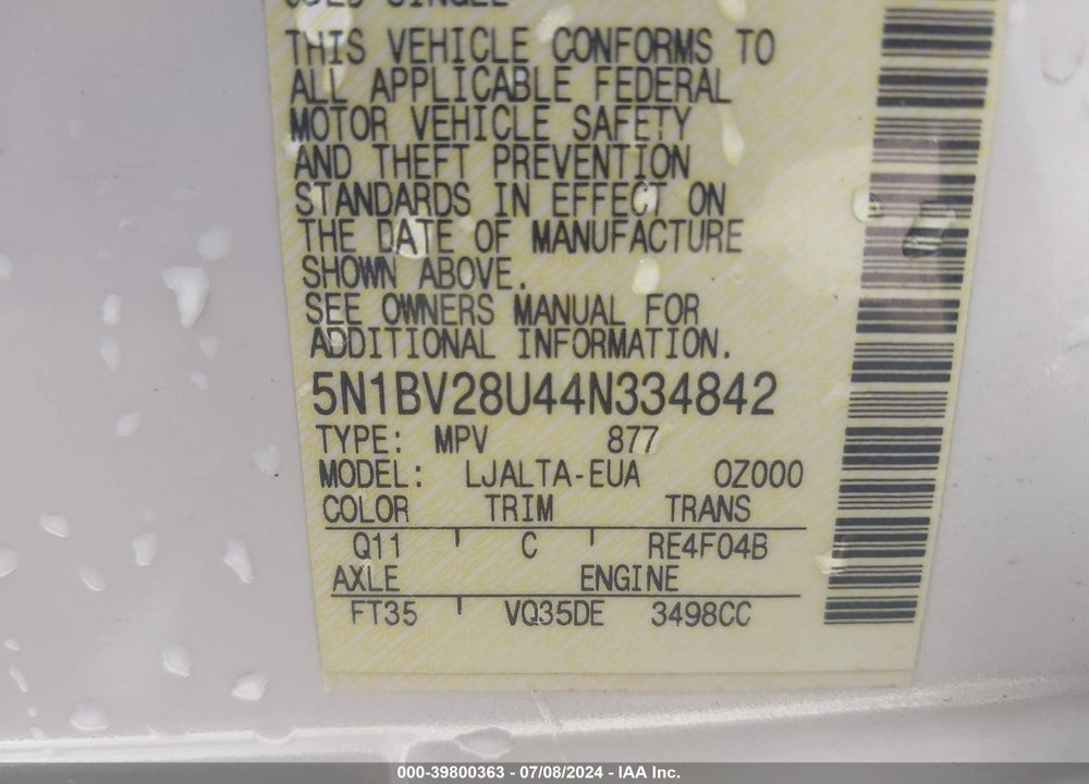 2004 NISSAN QUEST 3.5 SL VIN: 5N1BV28U44N334842