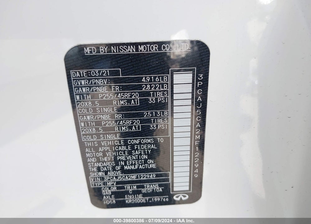 2021 INFINITI QX50 SENSORY VIN: 3PCAJ5CA2MF122949