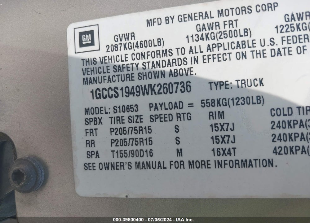1998 CHEVROLET S-10 LS FLEETSIDE VIN: 1GCCS1949WK260736
