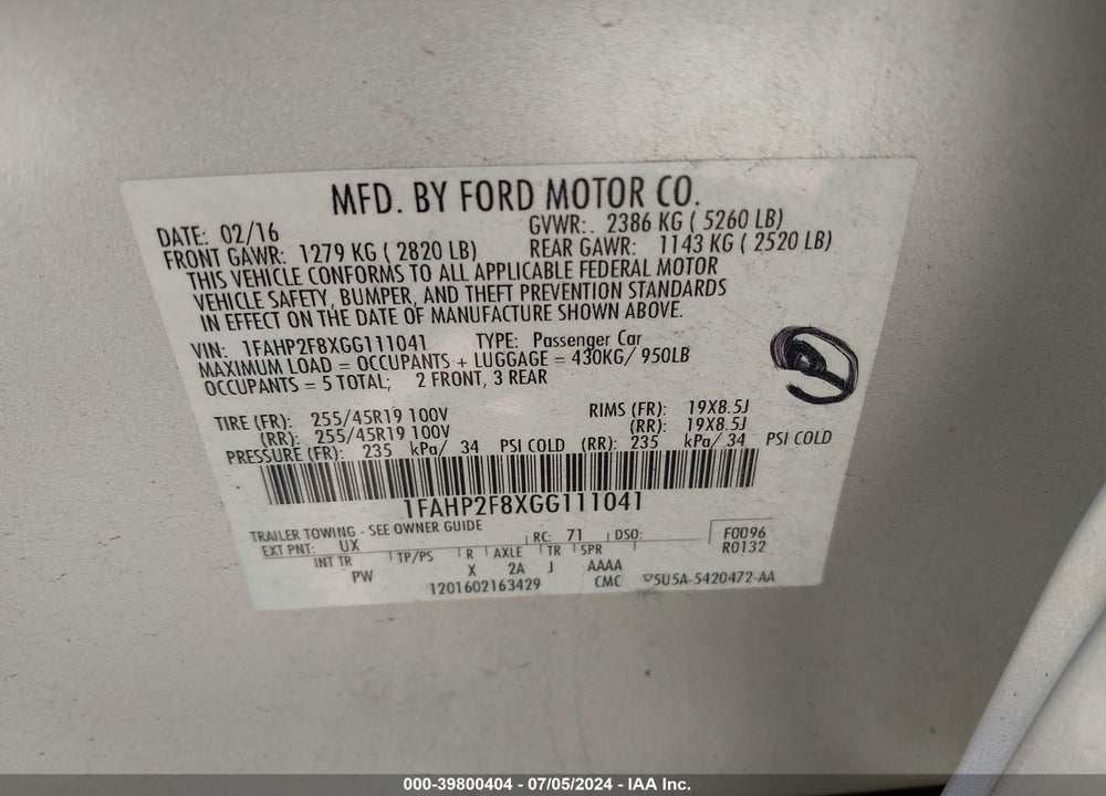 2016 FORD TAURUS LIMITED VIN: 1FAHP2F8XGG111041