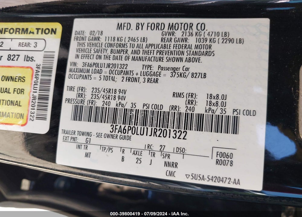 2018 FORD FUSION HYBRID SE VIN: 3FA6P0LU1JR201322