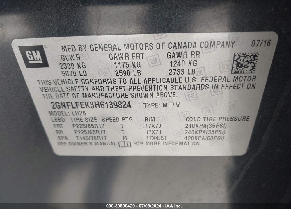 2017 CHEVROLET EQUINOX LT VIN: 2GNFLFEK3H6139824