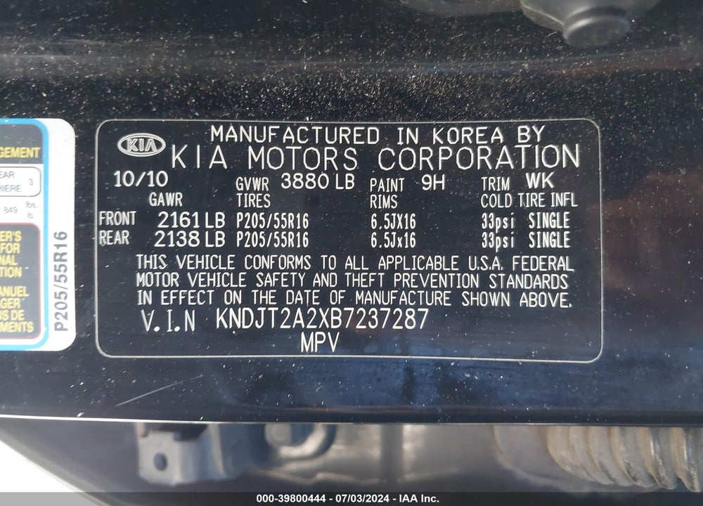 2011 KIA SOUL VIN: KNDJT2A2XB7237287
