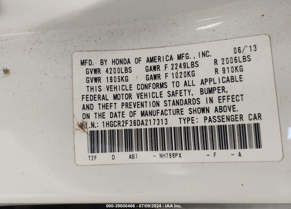 2013 HONDA ACCORD LX VIN: 1HGCR2F36DA217313