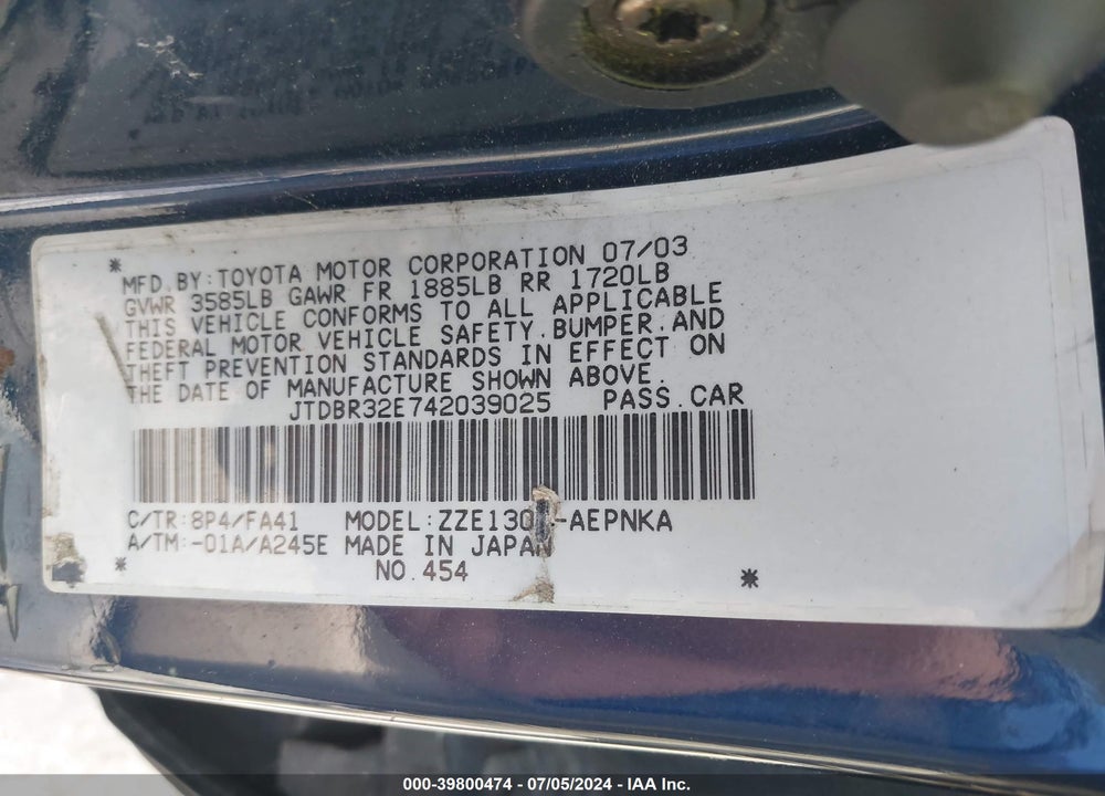 2004 TOYOTA COROLLA LE VIN: JTDBR32E742039025