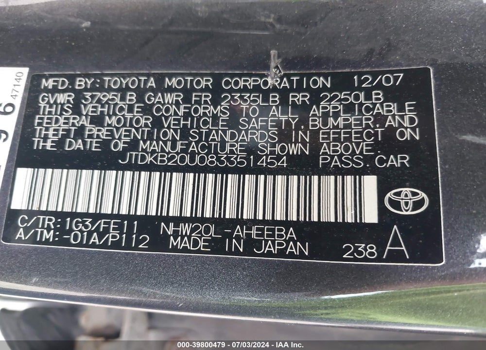 2008 TOYOTA PRIUS TOURING VIN: JTDKB20U083351454