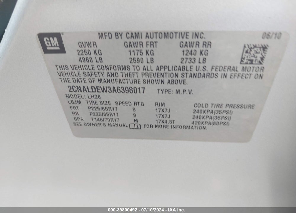 2010 CHEVROLET EQUINOX LT VIN: 2CNALDEW3A6398017