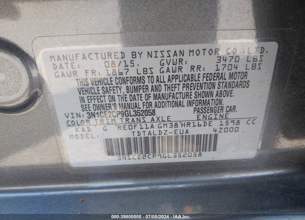 2016 NISSAN VERSA NOTE VIN: 3N1CE2CP9GL352058