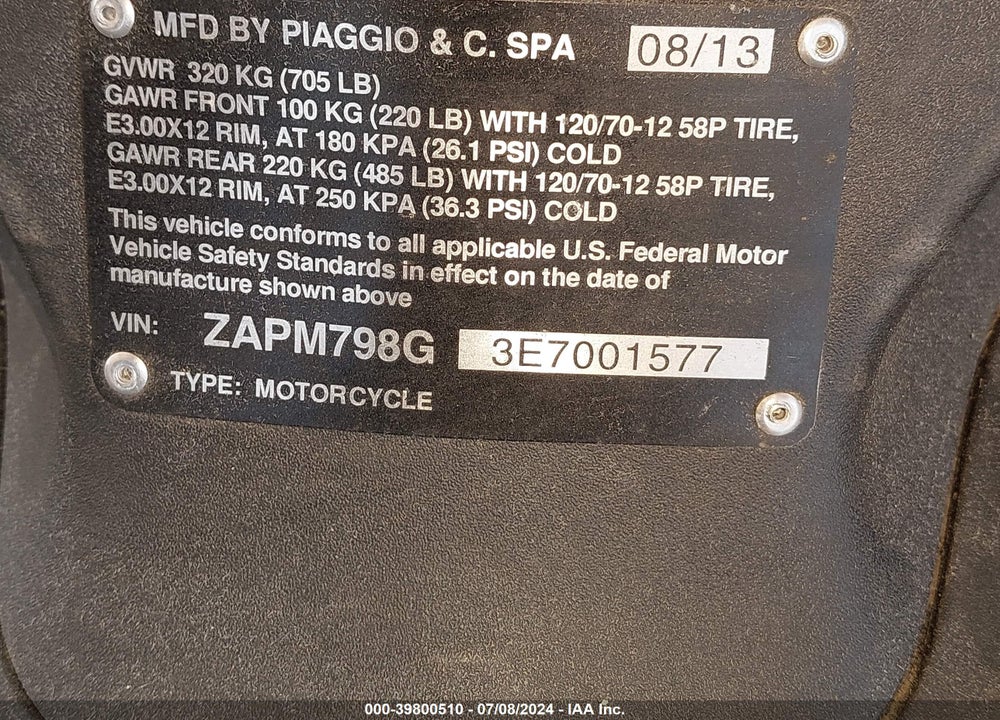 2014 PIAGGIO FLY 150 VIN: ZAPM798G3E7001577