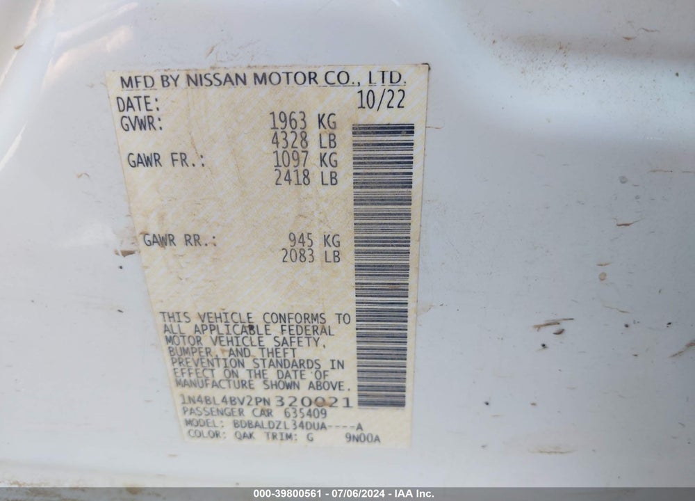 2023 NISSAN ALTIMA S FWD VIN: 1N4BL4BV2PN320021