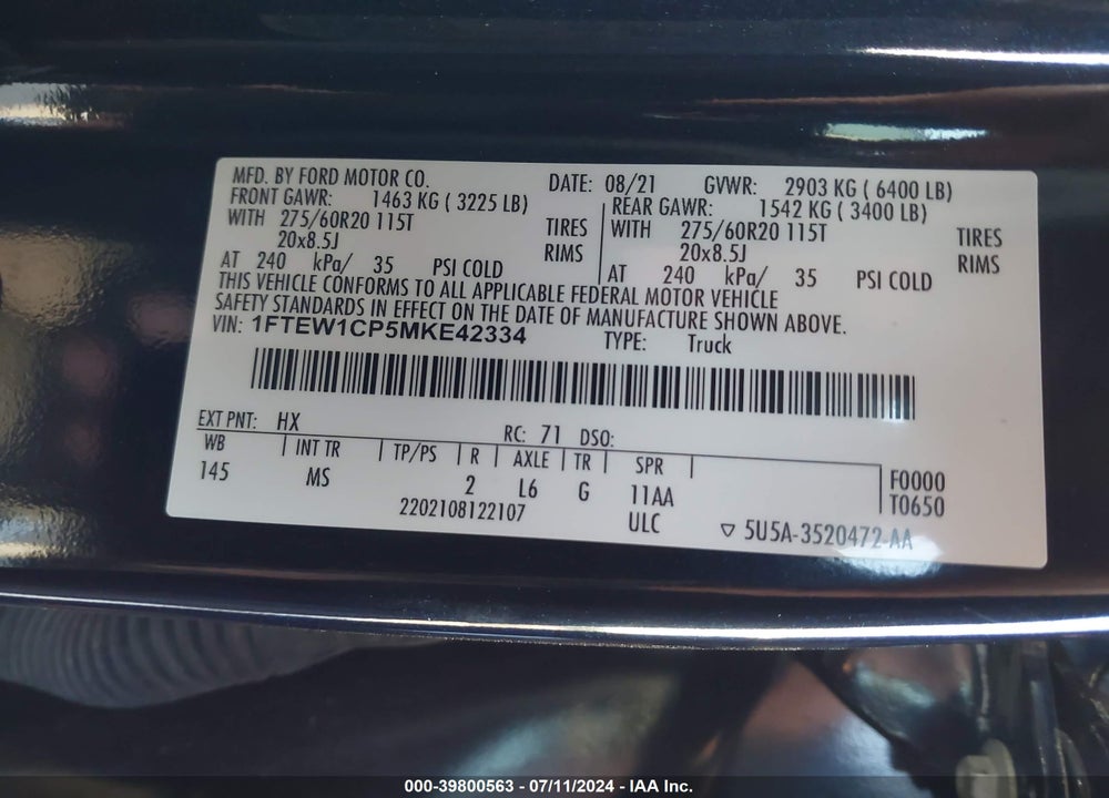 2021 FORD F-150 XLT VIN: 1FTEW1CP5MKE42334