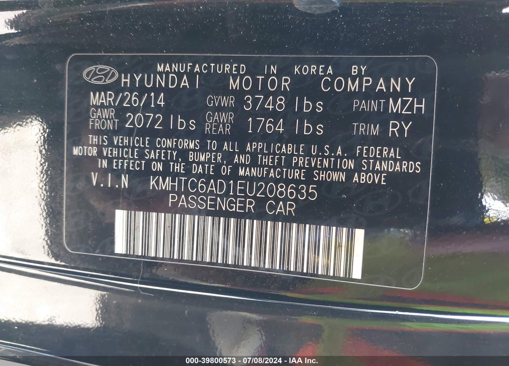 2014 HYUNDAI VELOSTER BASE W/RED VIN: KMHTC6AD1EU208635