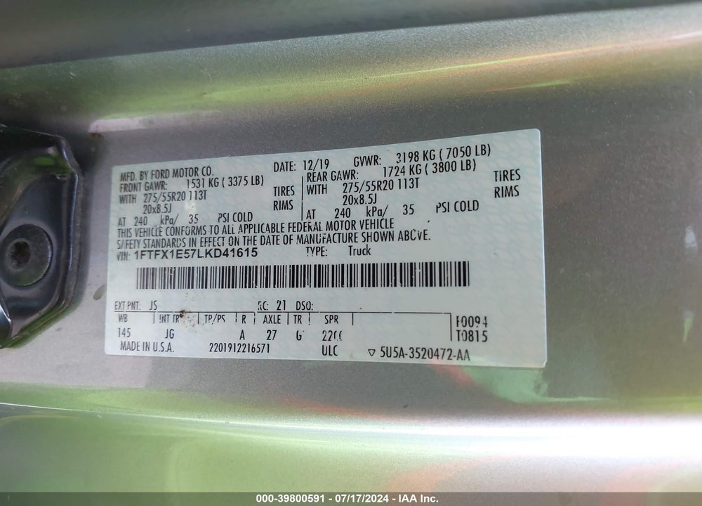 2020 FORD F-150 XL VIN: 1FTFX1E57LKD41615