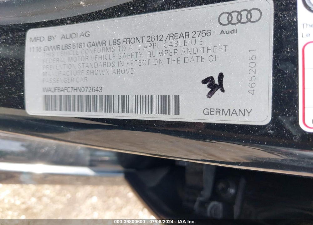 2017 AUDI A6 2.0T PREMIUM VIN: WAUF8AFC7HN072643