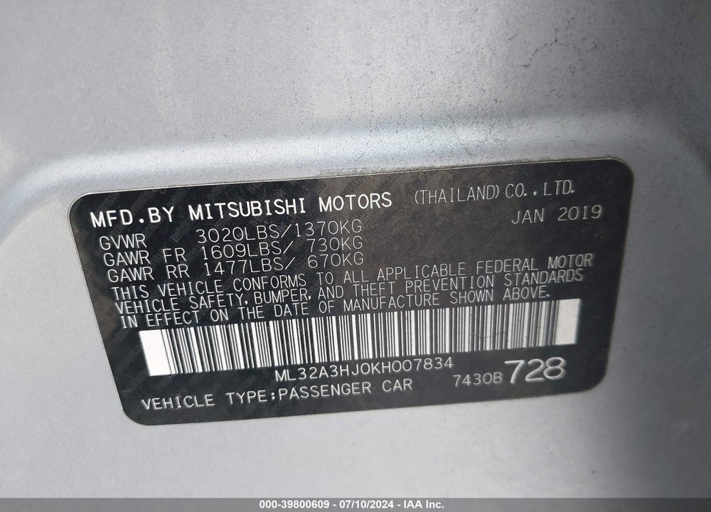 2019 MITSUBISHI MIRAGE RF VIN: ML32A3HJ0KH007834