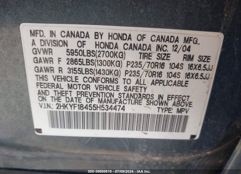 2005 HONDA PILOT EX VIN: 2HKYF18455H534474