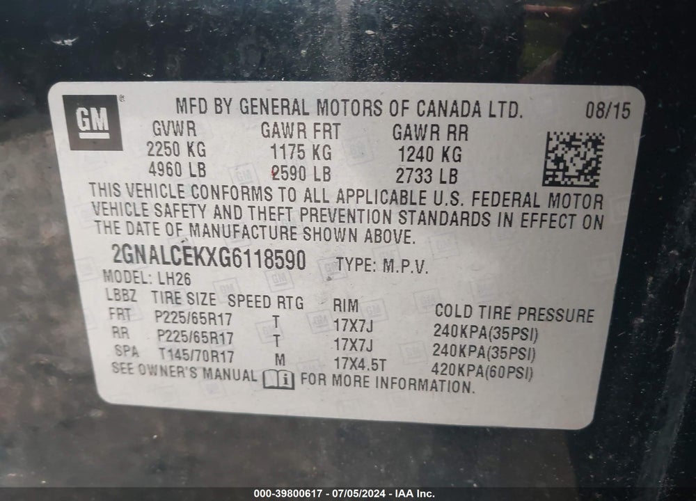 2016 CHEVROLET EQUINOX LT VIN: 2GNALCEKXG6118590