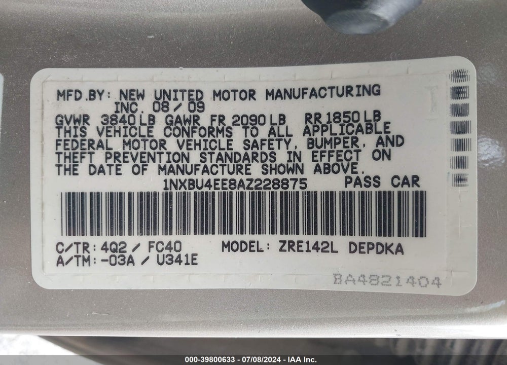 2010 TOYOTA COROLLA LE VIN: 1NXBU4EE8AZ228875