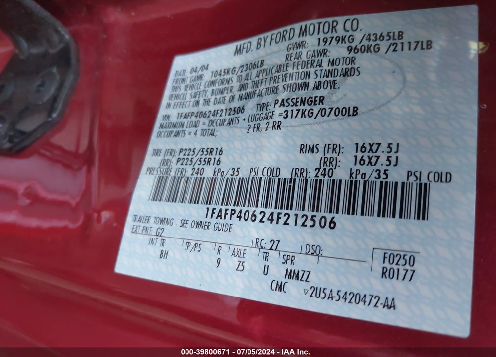 2004 FORD MUSTANG VIN: 1FAFP40624F212506