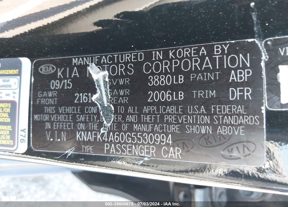 2016 KIA FORTE LX VIN: KNAFK4A60G5530994