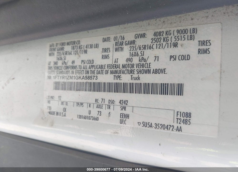 2016 FORD TRANSIT-250 VIN: 1FTYR1ZM1GKA58573