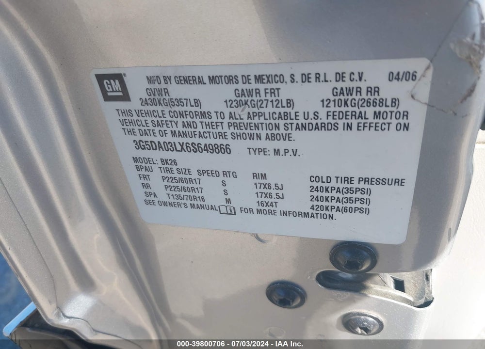 2006 BUICK RENDEZVOUS CX VIN: 3G5DA03LX6S649866