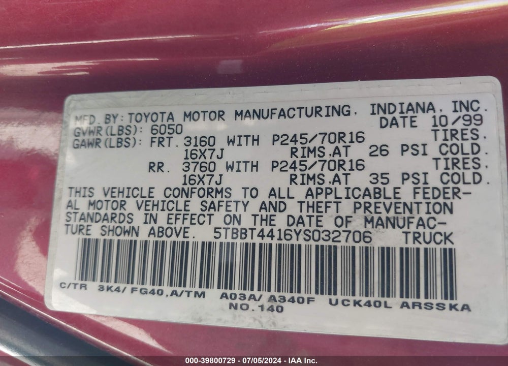 2000 TOYOTA TUNDRA SR5 V8 VIN: 5TBBT4416YS032706
