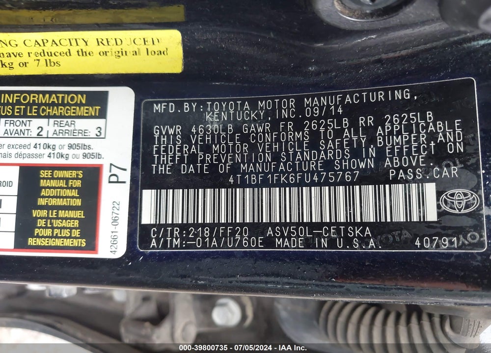 2015 TOYOTA CAMRY SE VIN: 4T1BF1FK6FU475767