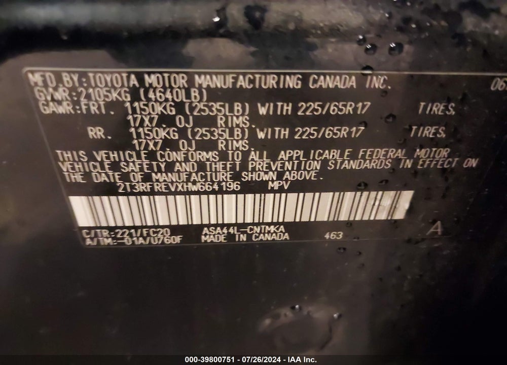 2017 TOYOTA RAV4 XLE VIN: 2T3RFREVXHW664196