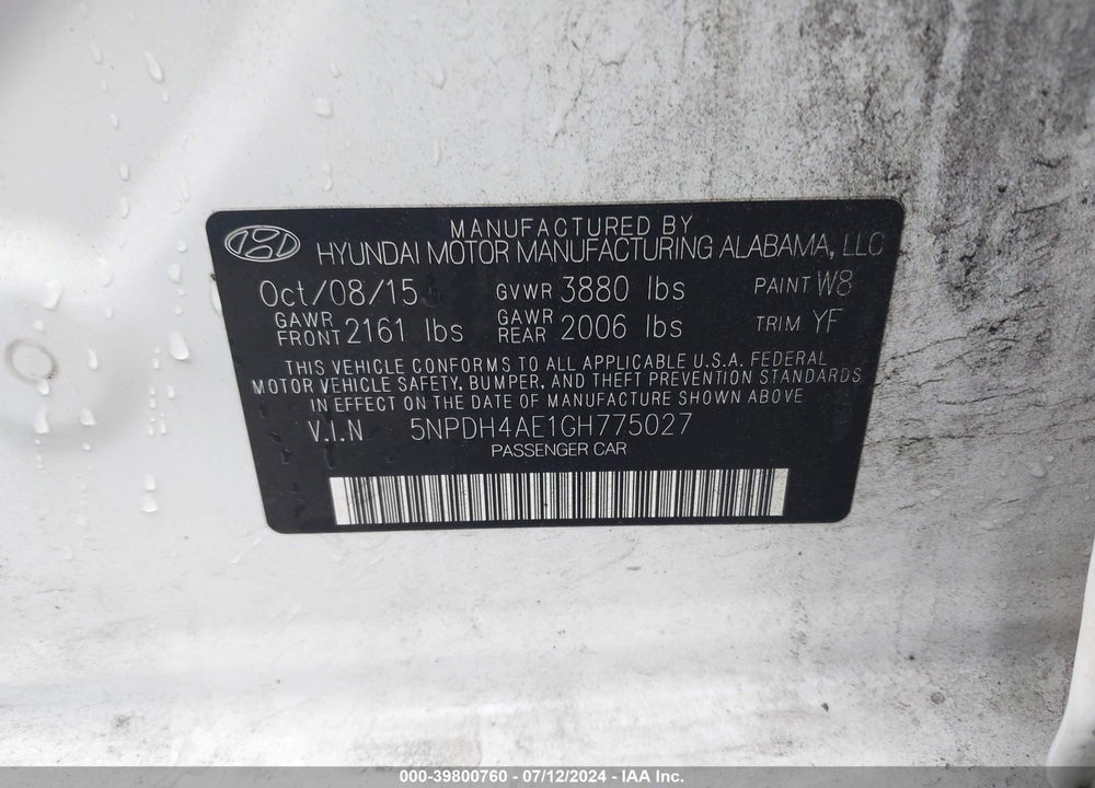 2016 HYUNDAI ELANTRA SE VIN: 5NPDH4AE1GH775027