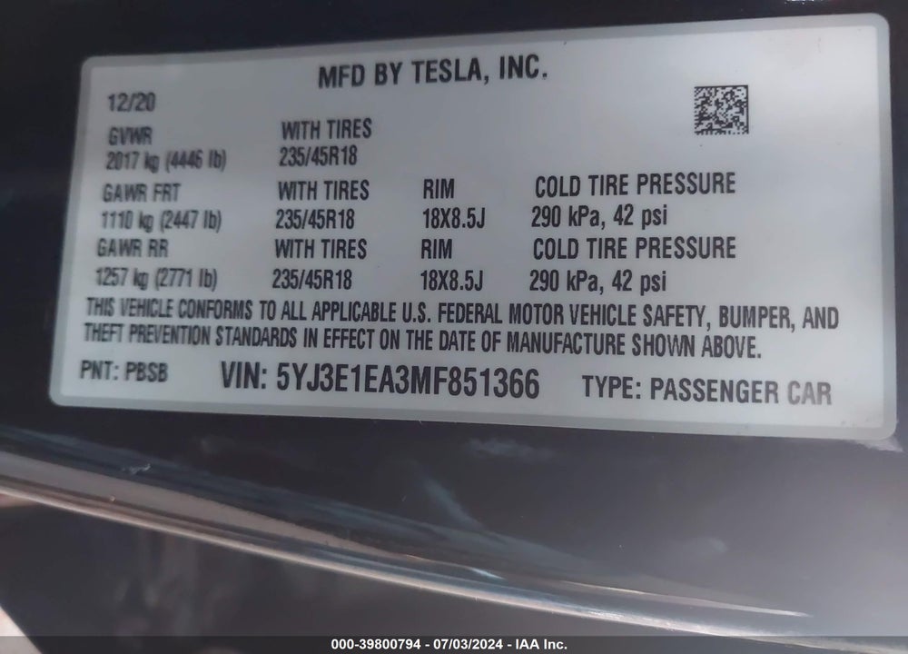 2021 TESLA MODEL 3 STANDARD RANGE PLUS REAR-WHEEL DRIVE VIN: 5YJ3E1EA3MF851366
