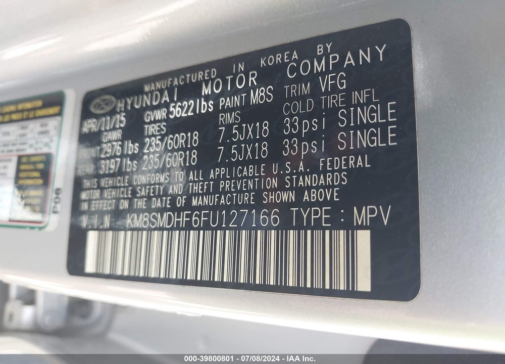 2015 HYUNDAI SANTA FE GLS VIN: KM8SMDHF6FU127166