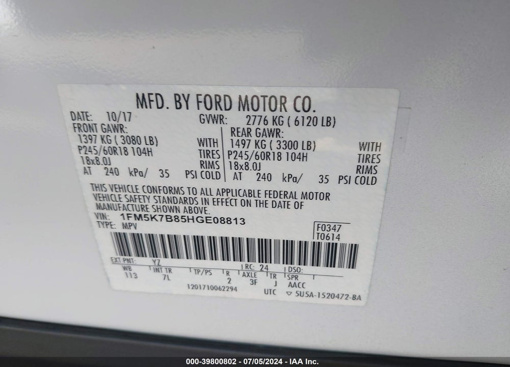 2017 FORD EXPLORER VIN: 1FM5K7B85HGE08813