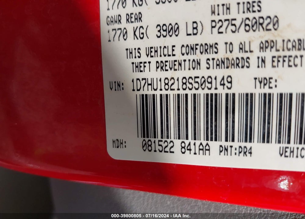 2008 DODGE RAM 1500 SLT VIN: 1D7HU18218S509149