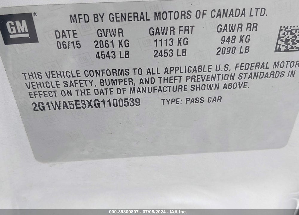 2016 CHEVROLET IMPALA LIMITED LS VIN: 2G1WA5E3XG1100539