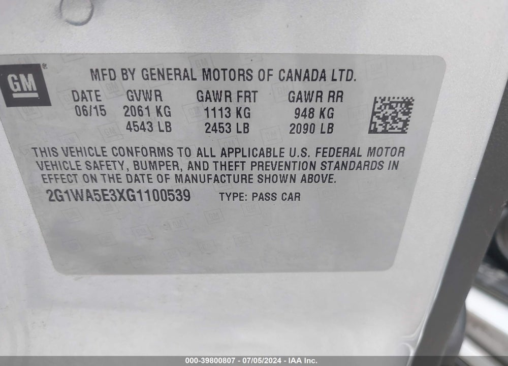 2016 CHEVROLET IMPALA LIMITED LS VIN: 2G1WA5E3XG1100539