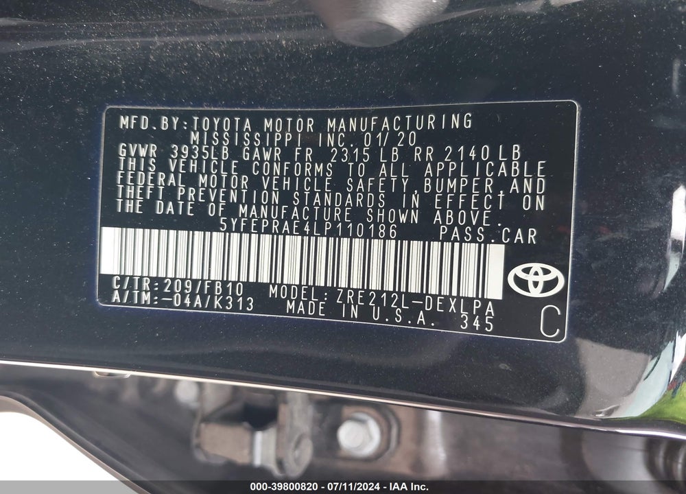 2020 TOYOTA COROLLA LE VIN: 5YFEPRAE4LP110186