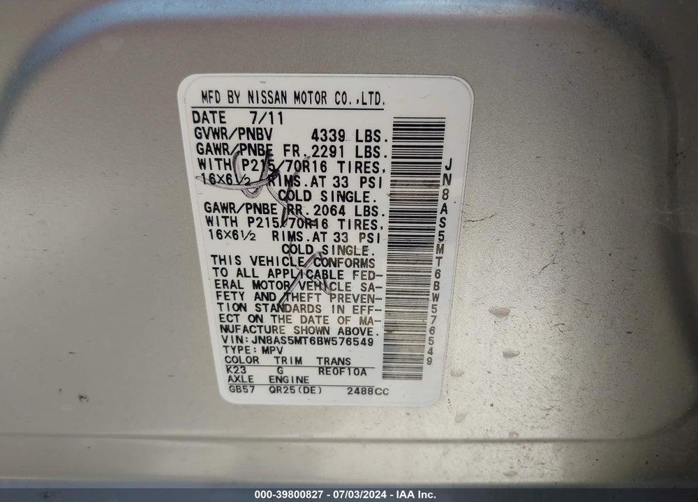 2011 NISSAN ROGUE S VIN: JN8AS5MT6BW576549