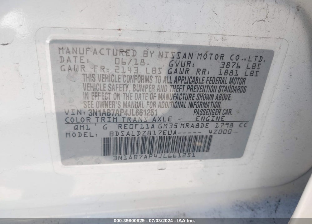 2018 NISSAN SENTRA SV VIN: 3N1AB7AP4JL661251