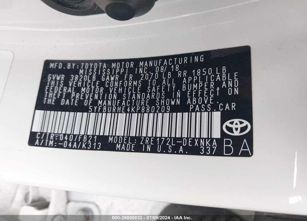 2019 TOYOTA COROLLA LE VIN: 5YFBURHE4KP880209