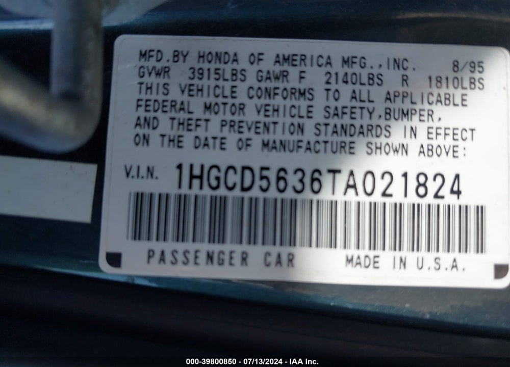 1996 HONDA ACCORD LX/EX VIN: 1HGCD5636TA021824