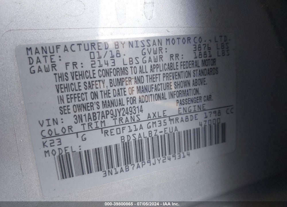 2018 NISSAN SENTRA S VIN: 3N1AB7AP9JY249314