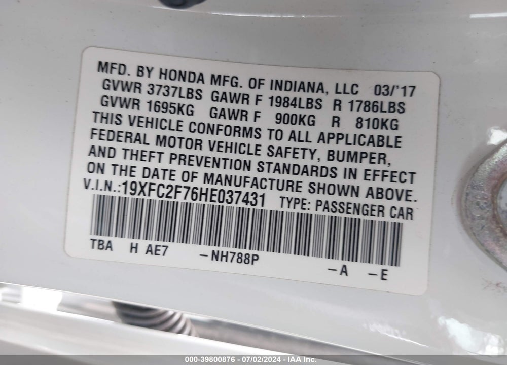 2017 HONDA CIVIC EX VIN: 19XFC2F76HE037431