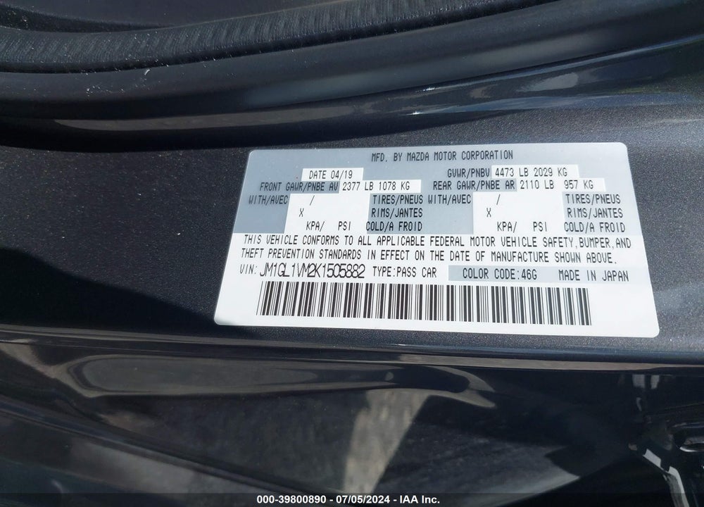 2019 MAZDA 6 TOURING VIN: JM1GL1VM2K1505882