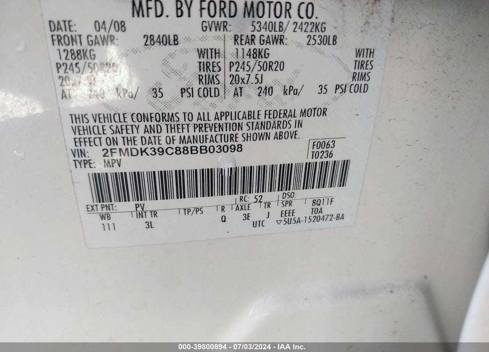 2008 FORD EDGE LIMITED VIN: 2FMDK39C88BB03098