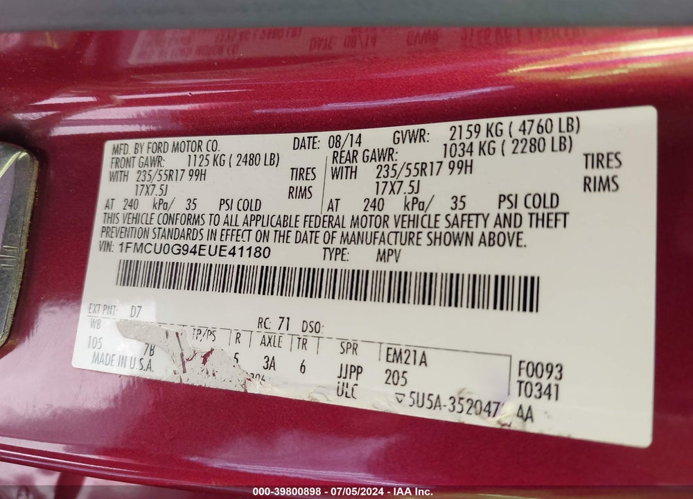 2014 FORD ESCAPE SE VIN: 1FMCU0G94EUE41180